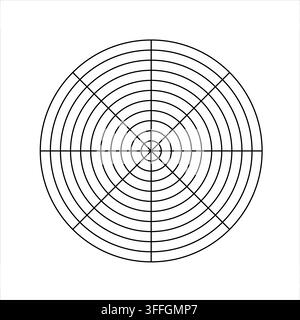 Polar grid of 10 concentric circles and 45 degrees steps. Blank vector polar graph paper. Stock Vector