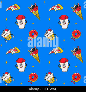 Cartoon vector pattern with faces features cartoon pizza, ice cream, coffee and donuts on blue. The comic food design suits fabric and wrapping paper. Stock Vector