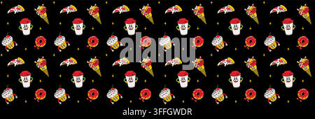 Pattern sticker with pizza, coffee and donuts Stock Vector