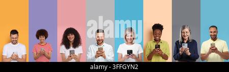 People using smartphones. Collage of portraits on colorful backgrounds Stock Photo