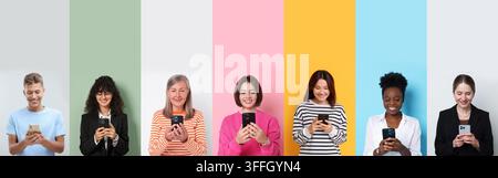 People using smartphones. Collage of portraits on colorful backgrounds Stock Photo