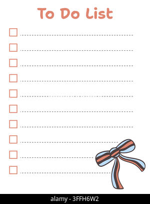 To do list planner template with bow. Striped ribbon. Cute task checklist. Vector illustration Stock Vector