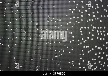 Raindrops and bokeh lights on window screen mesh at night Stock Photo