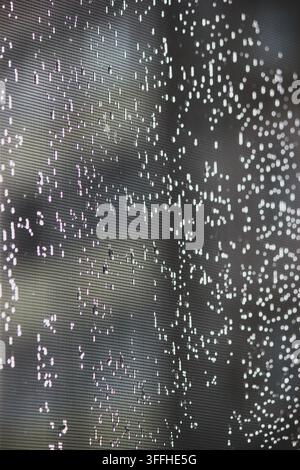 Raindrops and glowing bokeh lights on window screen mesh at night Stock Photo