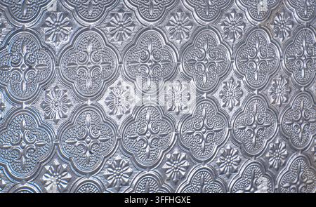 Decorative Silver Embossed Pattern Texture Background Close Up Stock Photo