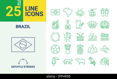25 Brazil culture line icons set editable stroke vector Stock Vector