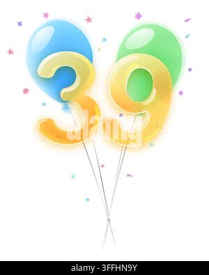 Translucent, glossy glassmorphism balloons frame the vibrant orange and yellow number 39, surrounded by colorful confetti elements. Stock Vector