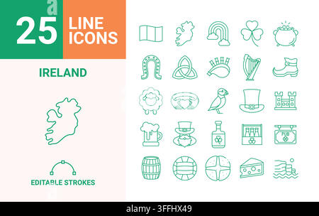 Set of 25 Ireland line icons with Irish culture food music and traditional symbols in editable stroke vector Stock Vector