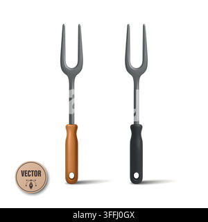 BBQ Fork Vector Illustration. Carving Fork Set, BBQ Fork with Wooden Handle and BBQ Fork with Black Handle. Kitchen Utensil Illustration for Grilling Stock Vector