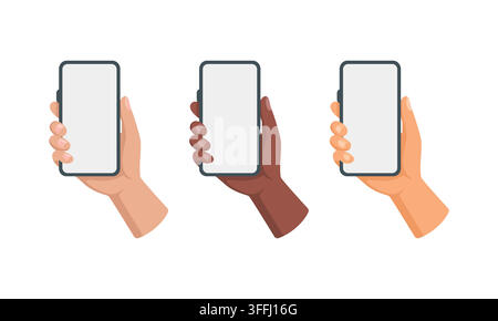 Hand Holding Phone Vector Set. Hand Holding Smartphone Illustration. Diverse Hand Holding Phone Mockup Collection with Blank Screen, Mobile Device in Stock Vector
