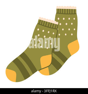 Cozy olive green socks with polka dots and stripes vector isolated on white background. Perfect for autumn fashion art, winter warmth graphics, hygge Stock Vector