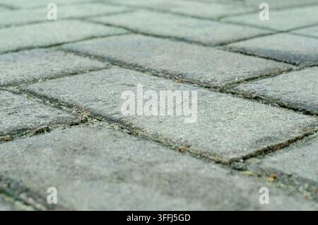 Close up of gray interlocking brick road texture with natural lighting. Abstract pavement background and outdoor flooring detail. Stock Photo