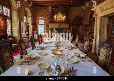 Grand medieval castle banquet dining hall featuring a long table set with fine white tablecloth, tableware, carved wooden chairs, ornate fireplace, an Stock Photo