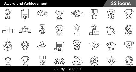 Award and achievement line icon set featuring 32 outline symbols including trophy cup, winner medal, certificate, star badge, and podium icons. Stock Vector