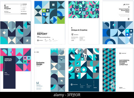 Geometric annual report cover template set featuring abstract neo-memphis mosaic patterns, swiss layout design, and modern brochure layouts. Stock Vector