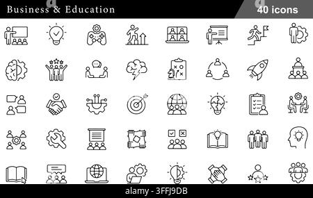 Business and education line icon set featuring 40 outline symbols including presentation, video learning, strategy, target, and brain storming Stock Vector