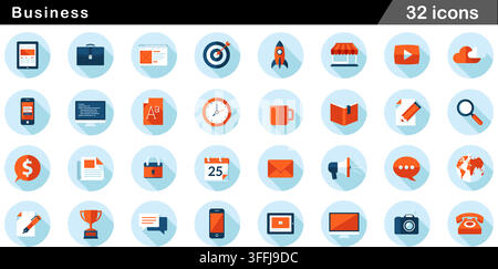 Business flat icon set featuring 32 long shadow circular symbols including tablet, briefcase, target, rocket startup, briefcase, and desk setup. Stock Vector