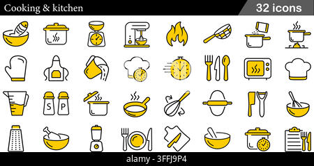 Cooking and kitchen line icon set featuring 32 two-color outline symbols including chef hat, cooking pot, kitchen scale, mixer, and utensils. Stock Vector