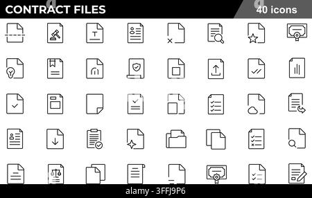Contract files line icon set featuring 40 outline symbols including legal document, certificate, agreement, approval check, and terms of service. Stock Vector