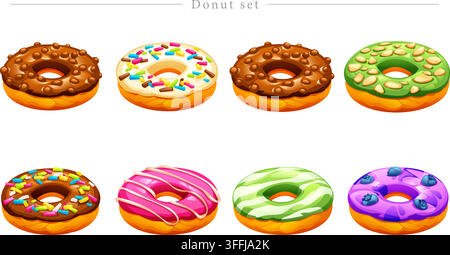 Donut set vector featuring sweet glazed doughnuts with chocolate glaze, colorful sprinkles, pistachio, pink icing drizzle, and blueberry toppings. Stock Vector