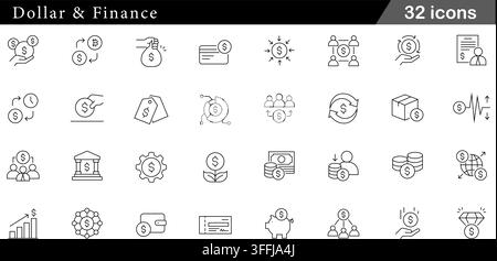 Dollar and finance line icon set featuring 32 outline symbols including money exchange, credit card, bank building, investment, and savings. Stock Vector