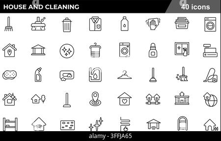 House and cleaning line icon set featuring 40 outline symbols including washing machine, vacuum cleaner, broom, detergent, and home service icons. Stock Vector