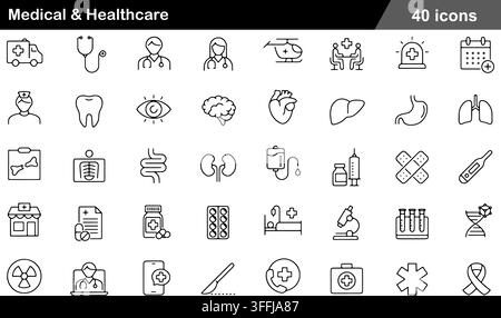 Medical and healthcare line icon set featuring 40 outline symbols including doctor, ambulance, organ anatomy, prescription, and hospital equipment. Stock Vector