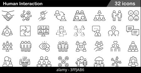 Human interaction line icon set featuring 32 outline symbols including handshake, social network, teamwork, video call, and communication concepts. Stock Vector