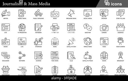 Journalism and mass media line icon set featuring 40 outline symbols including news reporter, newspaper, breaking news, broadcast, and interview. Stock Vector
