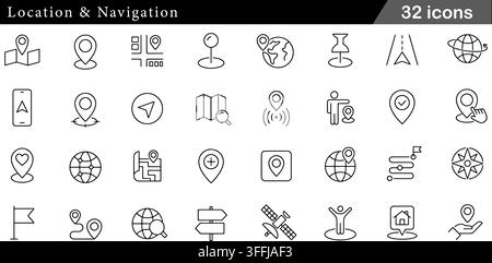 Location and navigation line icon set featuring 32 outline symbols including map pin, gps tracking, compass, route destination, and satellite. Stock Vector