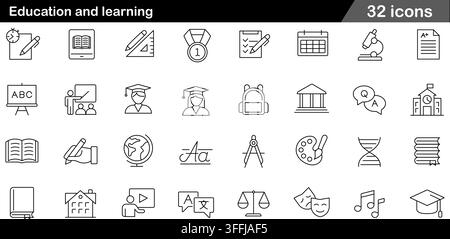 Education and learning line icon set featuring 32 outline symbols including graduation hat, library book, microscope, teacher, and school building. Stock Vector