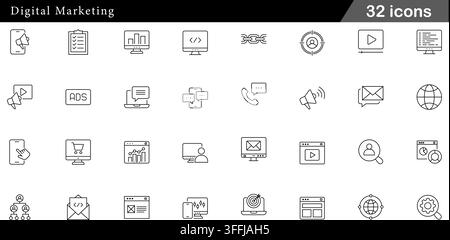 Digital marketing line icon set featuring 32 outline symbols including SEO, content strategy, email marketing, target audience, and ad campaign. Stock Vector