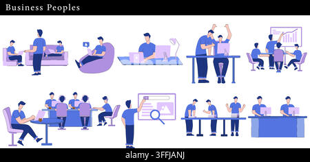 Business people vector set featuring office employees working on laptops, team collaboration, presentations, corporate meetings, and workspace scenes. Stock Vector