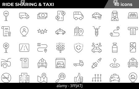 Ride sharing and taxi line icon set featuring 40 outline symbols including taxi cab, driver, route map, app booking, and carpool concepts. Stock Vector