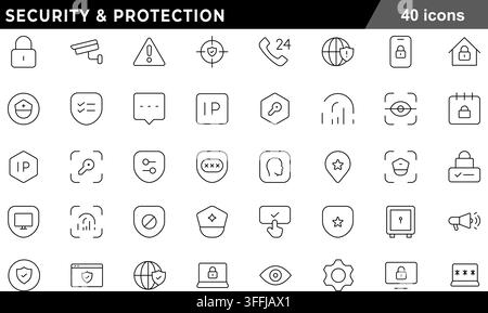 Security and protection line icon set featuring 40 outline symbols including padlock, cctv, shield, fingerprint, iris scan, and cyber defense Stock Vector