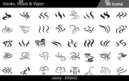 Smoke, steam, and vapor line icon set featuring 40 black vector symbols including hot aroma, smell haze, scent trails, wind, and cooking steam. Stock Vector