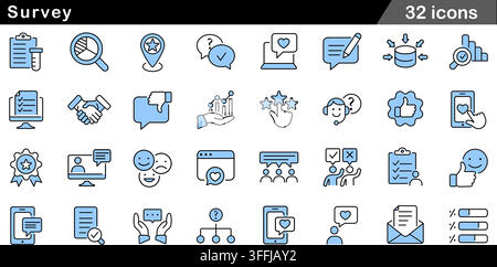 Survey and feedback line icon set featuring 32 outline symbols including customer rating, questionnaire, review, evaluation, and satisfaction scale. Stock Vector