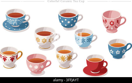 Colorful ceramic tea cup vector set featuring decorative porcelain teacups, matching saucers, floral patterns, coffee mugs, and beverage cups. Stock Vector