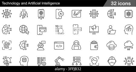 Technology and artificial intelligence line icon set featuring 32 outline symbols including AI chip, circuit brain, chatbot, and cyber security. Stock Vector