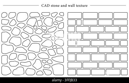 CAD stone and brick wall texture line vector set featuring seamless cobblestone paving, masonry brickwork, architectural hatches, and outline patterns Stock Vector
