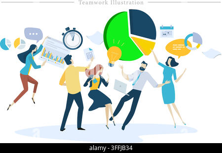 Business teamwork vector illustration featuring diverse corporate team analyzing giant pie chart, data graphs, idea bulb, and deadline stopwatch. Stock Vector