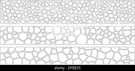 CAD stone pavement banner vector set featuring seamless cobblestone patterns, pebble hatching, masonry paving, and architectural line textures. Stock Vector