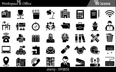 Workspace and office vector icon set featuring 40 black glyph icons including desk lamp, printer, briefcase, calculator, and business symbols. Stock Vector