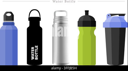 Reusable water bottle vector set featuring steel thermos flask, sports squeeze bottle, protein shaker cup, and insulated gym hydration flasks. Stock Vector