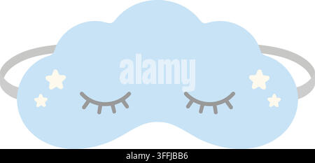 Flat illustration of a pale blue cloud shaped sleep mask decorated with small white stars and gently closed eyelashes Stock Vector