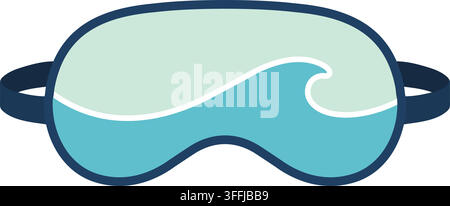 Flat illustration of an aqua and mint sleep mask featuring a flowing white wave motif dark blue outline and matching side straps Stock Vector