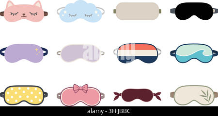 A soft flat illustration set featuring assorted sleep masks in different colors and decorative styles Stock Vector