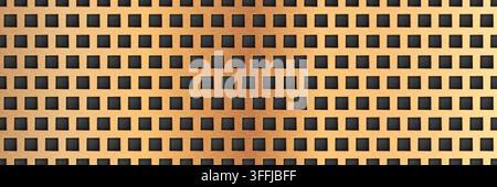 Gold seamless perforated metal sheet realistic texture. Metal chrome grill plate with small squares holes. Modern design carbon radiator bg. Macro spe Stock Vector