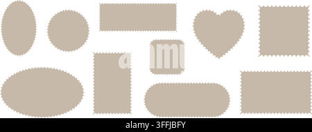Pack of scalloped beige postage frames isolated. Outline border template. Simple minimalist label text box. Blank scallop edge stamp mockup. Vector pn Stock Vector