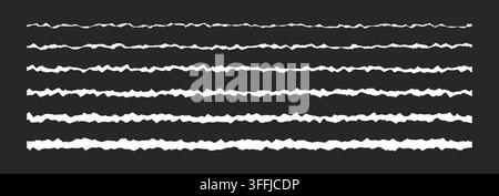 White thin torn paper pieces set. Long horizontal ripped paper strips with jagged edges. Rough grunge textured stripe elements collection for poster, divider, header. Vector shredded sheet line bundle Stock Vector